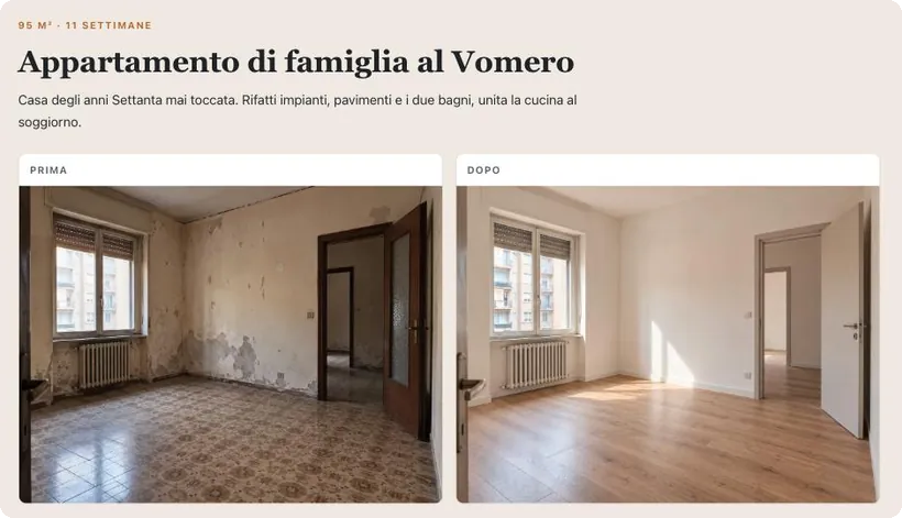 La pagina dei lavori con il confronto prima e dopo