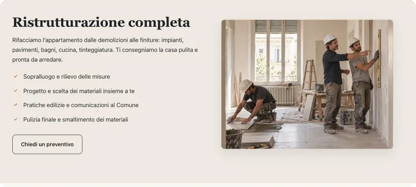 La pagina dei servizi del sito dimostrativo, con foto ed elenco di quello che è incluso